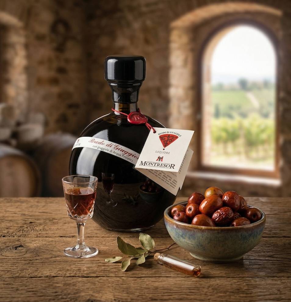 Bicchiere di liquore Brodo di Giuggiole dal tipico colore ambrato